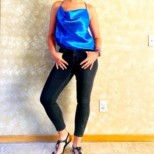 Express Satin Top Spaghetti Straps Bleu M NWT